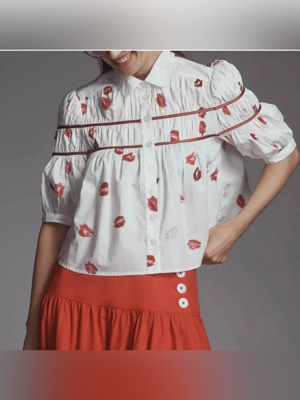 Maeve anthropologie Puff Sleeve Lips print Peplum Blouse Size XSP